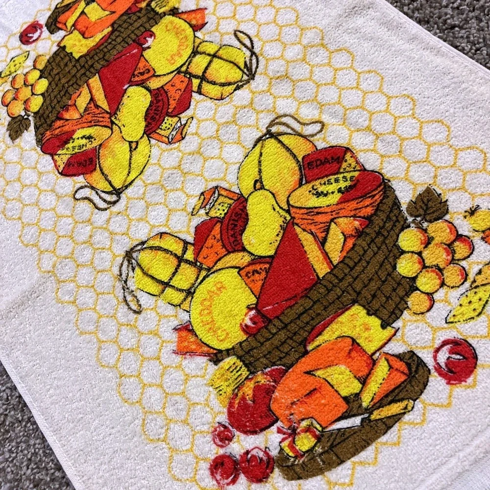 VTG CANNON Hand Kitchen Towel Fringe 70s NOS Farmhouse Cheese Charcuterie Orange